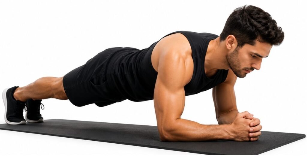 Man performing a forearm plank exercise on a yoga mat to improve core strength, balance, stability, posture, and overall fitness.