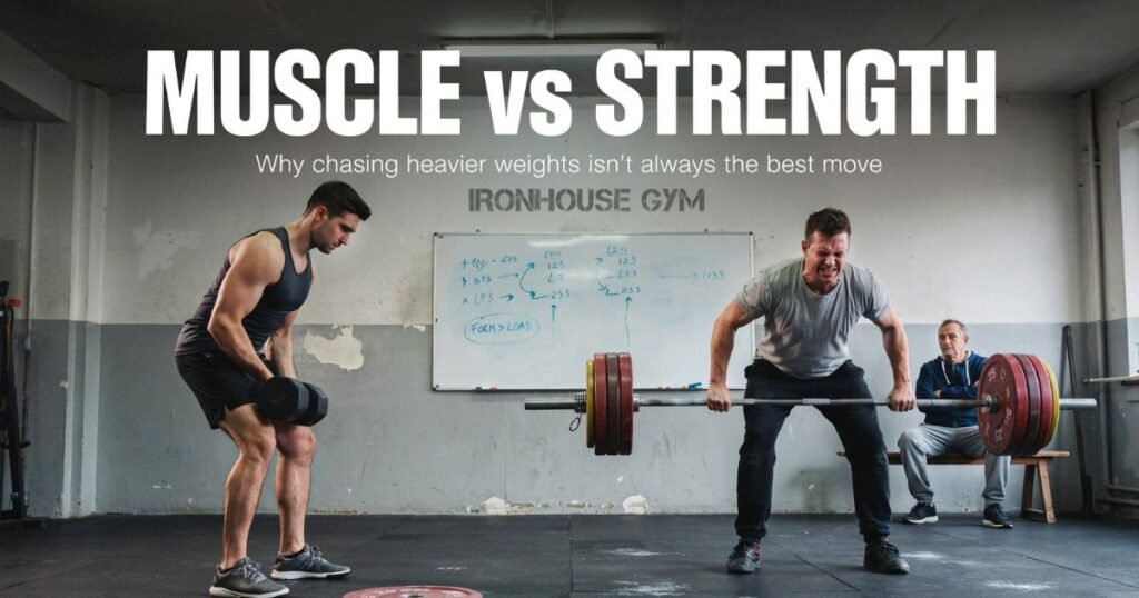 Two mens are Exerciising
Man lifting dumbbells beside another man performing a heavy barbell deadlift in a gym, illustrating the difference between muscle growth and strength training.
Muscle vs strength
